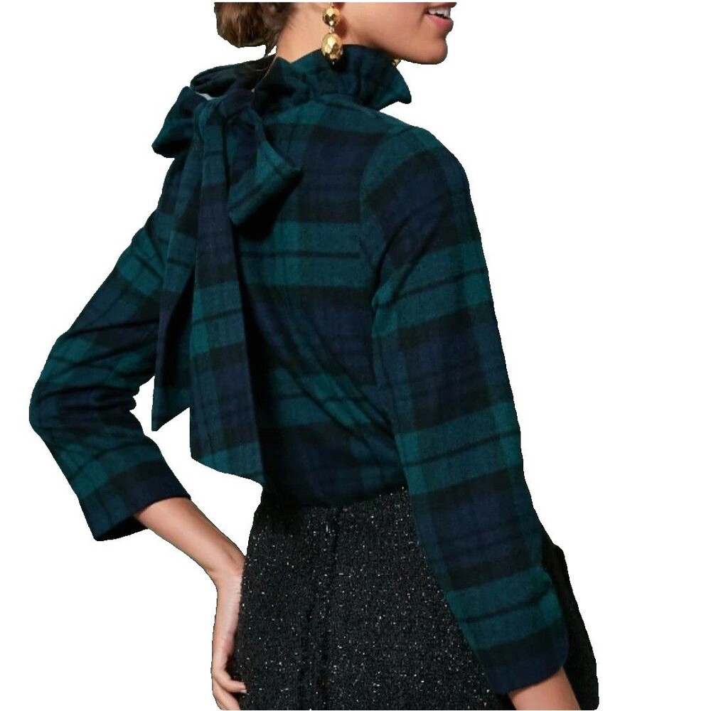 Tuckernuck Blackwatch Plaid Faye Shirt Top High Ruffle Neck Wool Back Tie Bow L